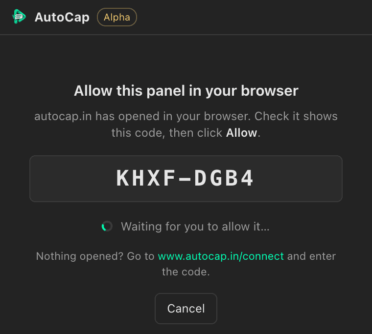 The panel showing the code to confirm in the browser